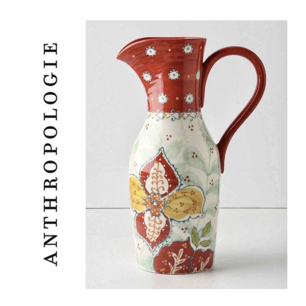 Anthropologie Hand Painted Floral Ceramic Pitcher Red Cream Botanical Stoneware